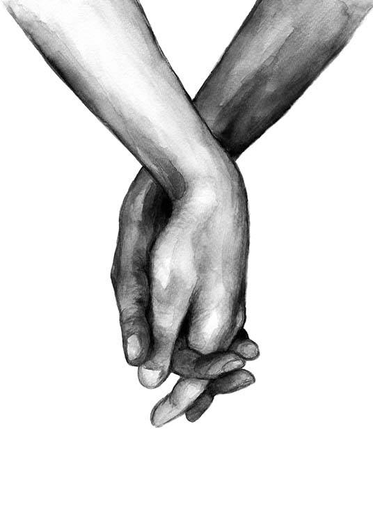 – Mustavalkoinen akvarellikuvitus kahdesta toisiaan pitelevästä kädestä
