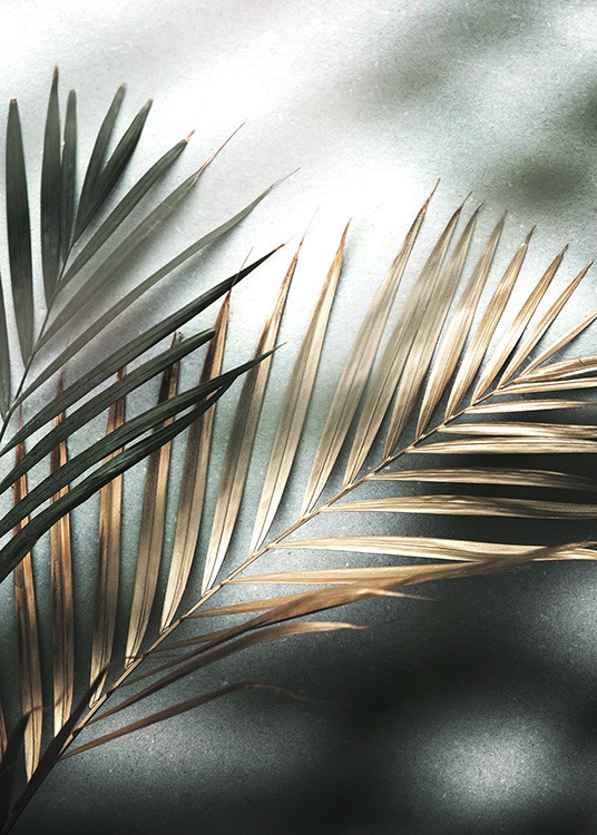  – Valokuva palmunlehtiparista kultaisena ja vihreänä vasten kivitaustaa