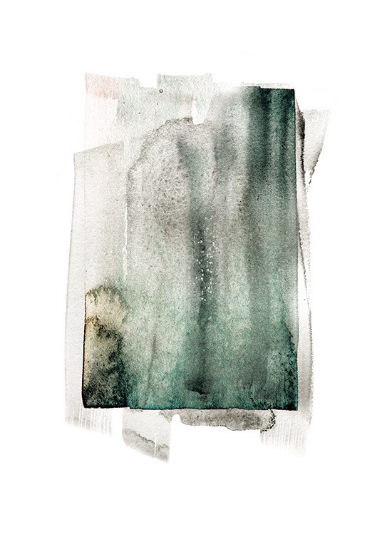 – Abstrakti taidepainatus eri vihreillä sävyvedoilla valkoisella taustalla.