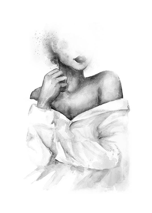  – Mustavalkoinen akvarellikuvitus naisesta ja paljaista olkapäistä