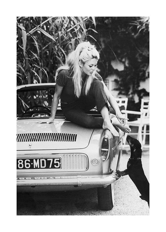  – Mustavalkoinen valokuva Brigitte Bardotista kurottumassa autosta kohti koiraa