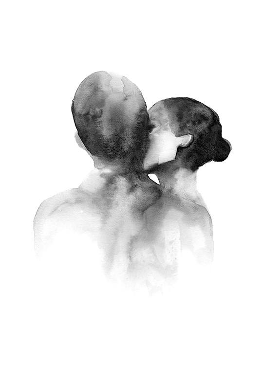  – Mustavalkoinen akvarellikuvitus naisesta suutelemassa miestä poskelle