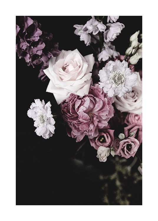  - Tumma kukkakimppu vaaleanpunaisine, violetteine ja valkoisine kukkineen tummalla taustalla