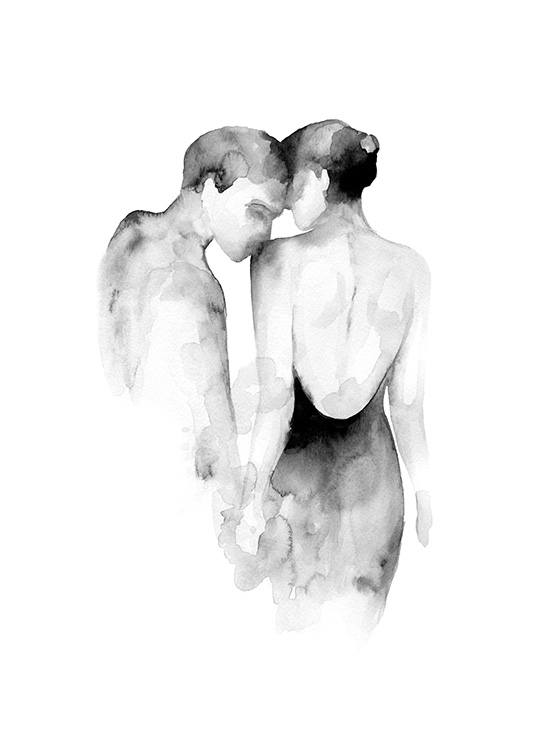  – Mustavalkoinen akvarellikuvitus miehestä suukottamassa naisen olkaa