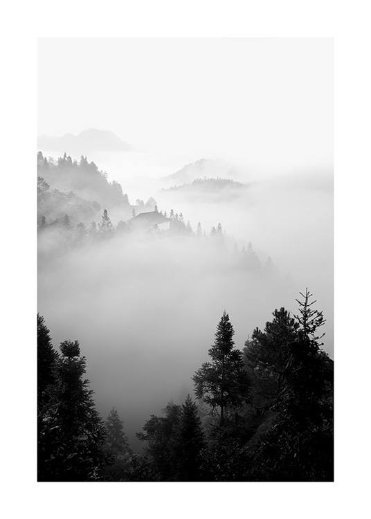  – Mustavalkoinen valokuva sumuisesta metsämaisemasta vuorilla