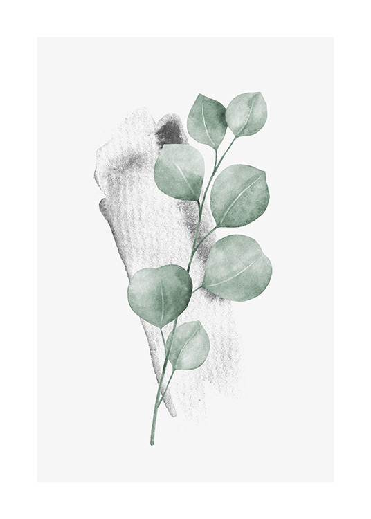  – Akvarellimaalaus pienestä eukalyptuksen oksasta vihreine lehtineen vaaleanharmaalla taustalla