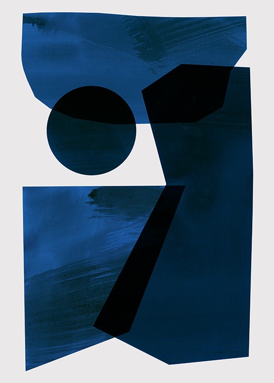  – Graafinen abstrakti kuvitus suurilla tummansinisillä kuvioilla vasten beigeä taustaa