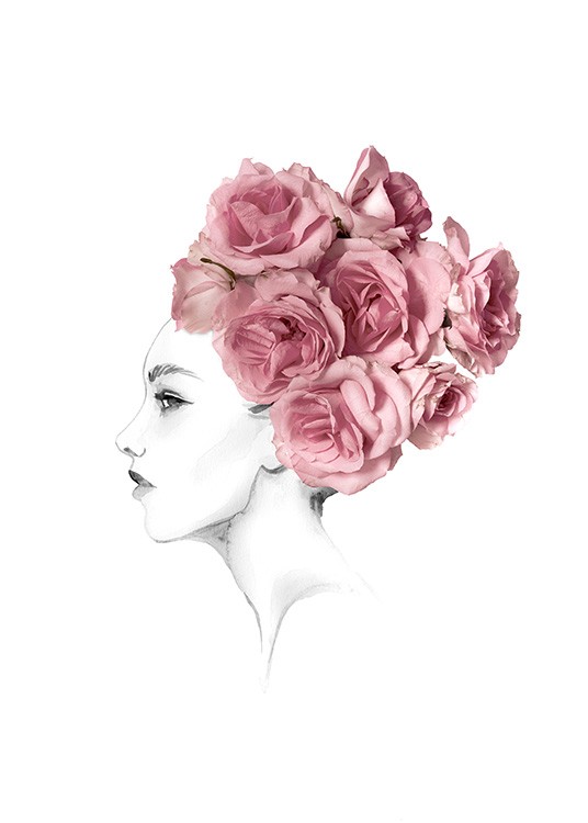  – Mustavalkoinen luonnos naisesta vaaleanpunaiset ruusut nutturanaan