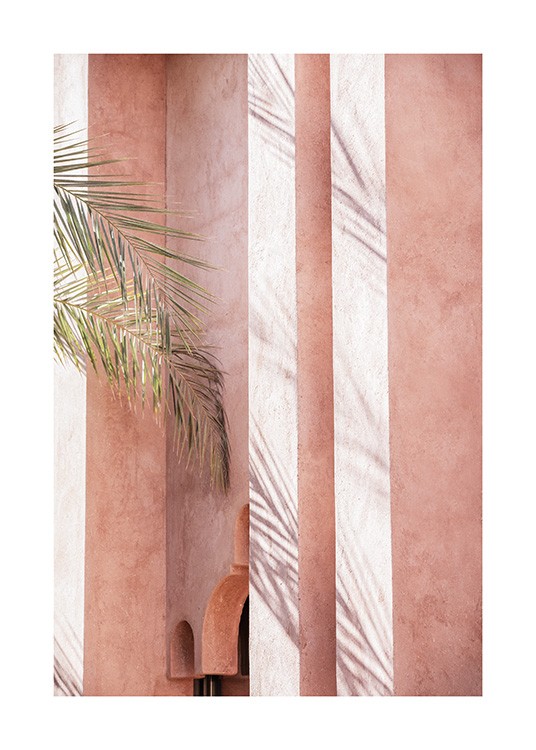  - Valokuva vaaleanpunaista rakennusta vasten lepäävistä palmunlehdistä