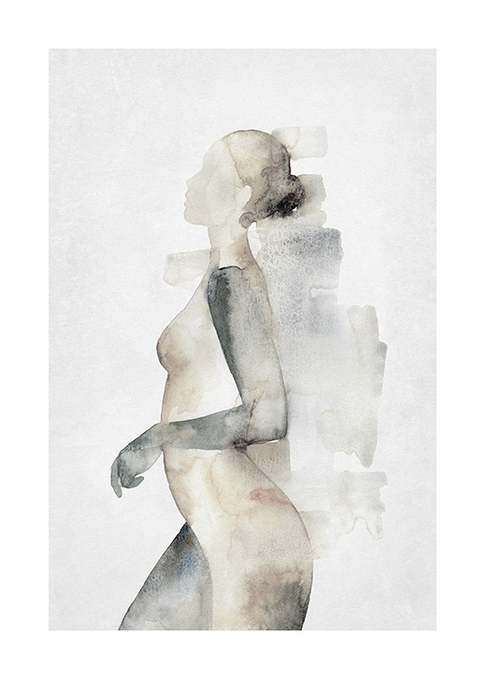  – Akvarellimaalaus alastomasta naisesta sivulta katsottuna beigenä ja harmaana