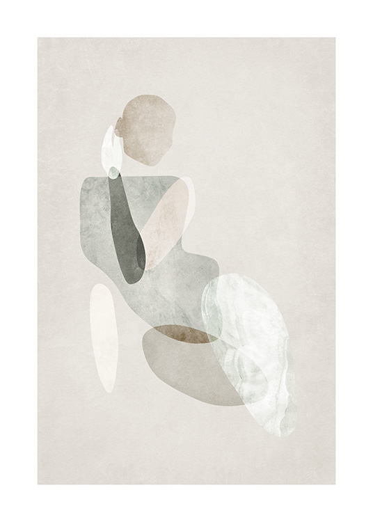 – Abstrakti akvarellimaalaus naisen vartalosta beigenä, vihreänä ja valkoisena