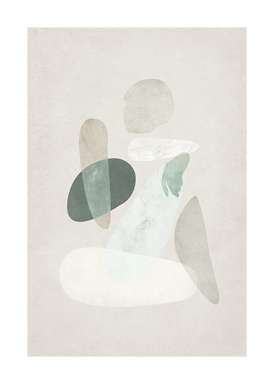  – Abstrakti akvarellimaalaus vartalosta, joka rakentuu vihreistä ja beigeistä muodoista