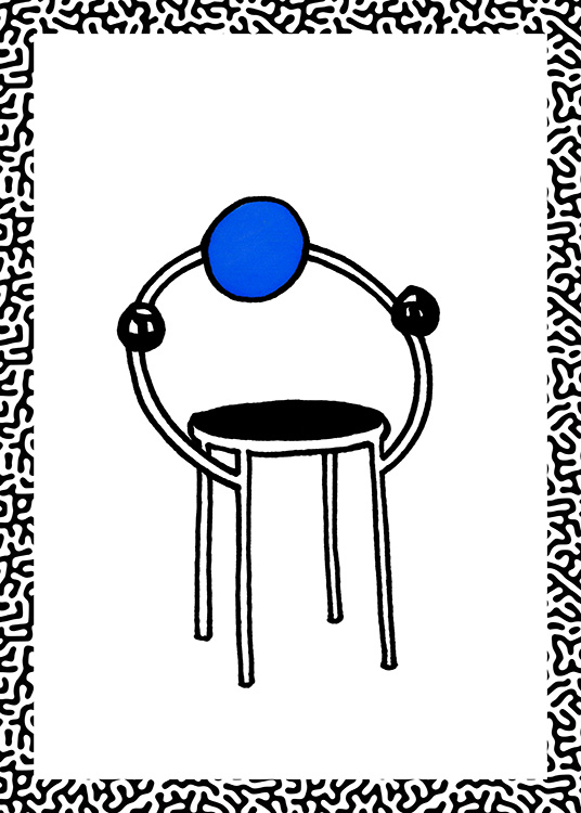  – Graafinen kuvitus abstraktista tuolista, jossa pyöreä selkänoja ja reunoja ympäröivä kuvio