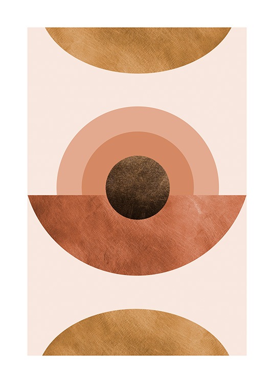  – Graafinen kuvitus, jossa abstrakteja puoliympyröitä ja ympyröitä lämpimissä väreissä vaaleanpunaisella taustalla