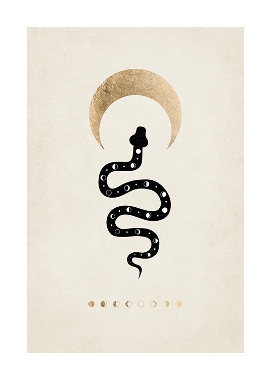  – Graafinen kuvitus kuunvaiheista ja käärmeestä puolikuun alla