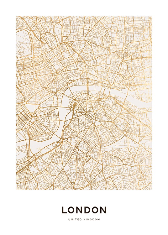  – Kultainen Lontoon kartta valkoisella taustalla ja tekstillä alareunassa