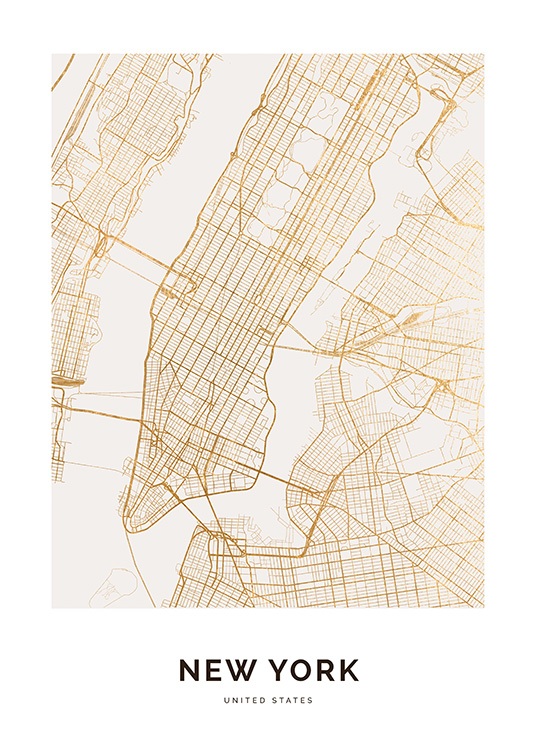  – Kultainen New Yorkin kartta valkoisella taustalla ja tekstillä alareunassa