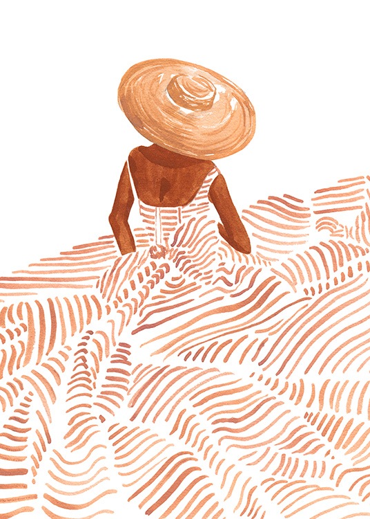  – Akvarellikuvitus naisesta yllään raidallinen oranssi mekko ja aurinkohattu