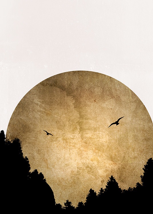  – Graafinen kuvitus kultaisesta auringosta kahden linnun ja puiden takana
