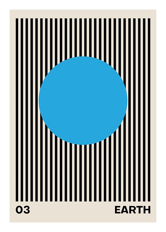  – Graafinen kuvitus, jossa mustia raitoja beigellä taustalla ja sininen ympyrä keskellä