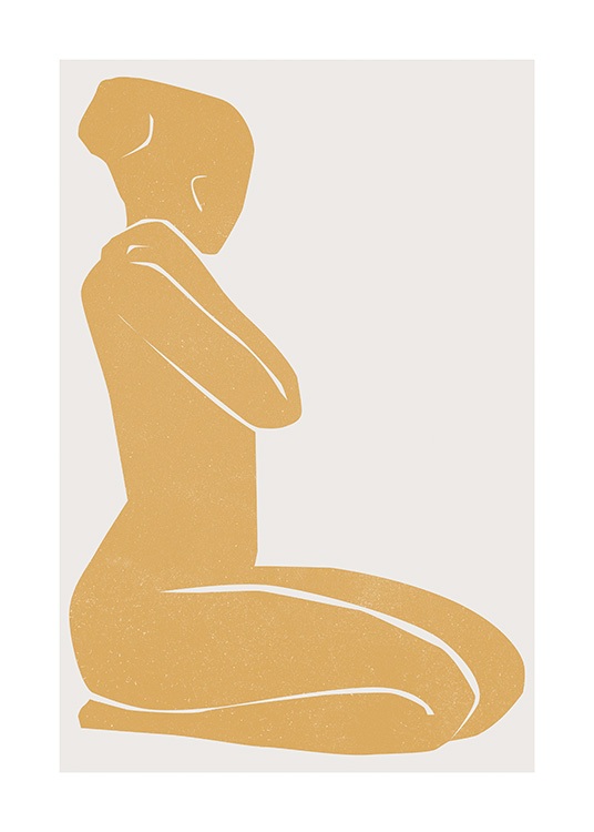  – Graafinen kuvitus keltaisella maalatusta, polvillaan istuvasta naisesta