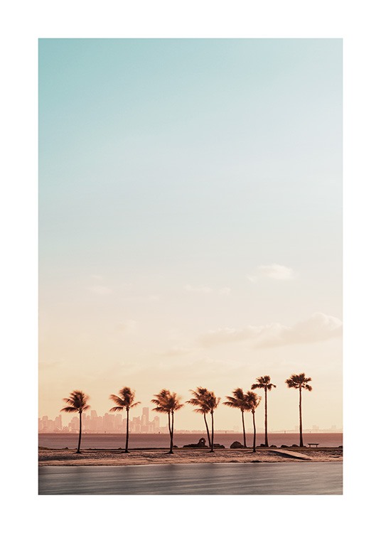  – Valokuva rannasta, palmuista ja auringonlaskusta Miamissa