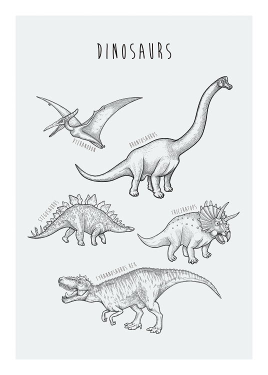  – Käsinpiirretty piirros erilaisista dinosauruksista sinivihreällä taustalla