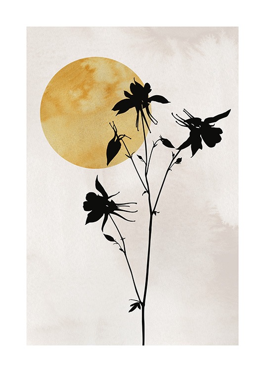  – Kuvitus pienistä mustista kukista vasten beigeä taustaa keltainen aurinko yläreunassa