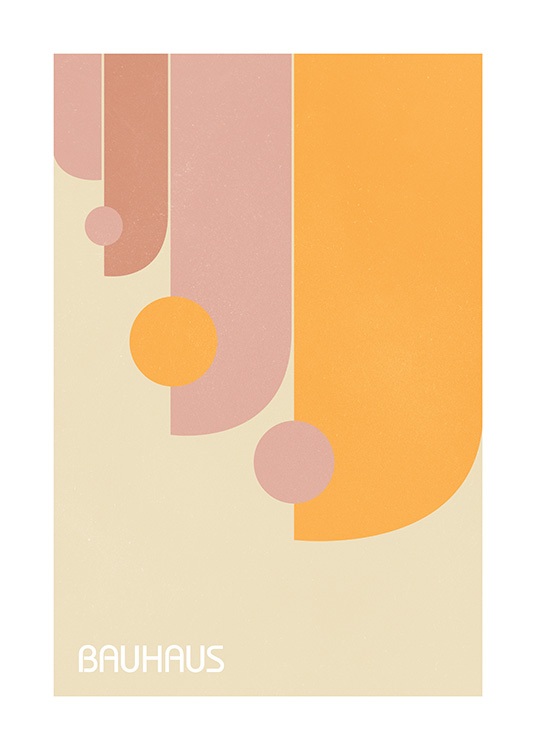  – Bauhaus-tyylin graafinen kuvitus oransseilla ja vaaleanpunaisilla geometrisilla kuvioilla