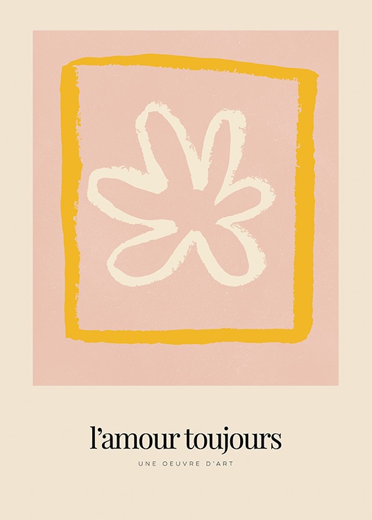  – Kuvitus, jossa valkoinen kukka oranssin neliön sisällä vaaleanpunaisella ja beigellä taustalla ja teksti alareunassa