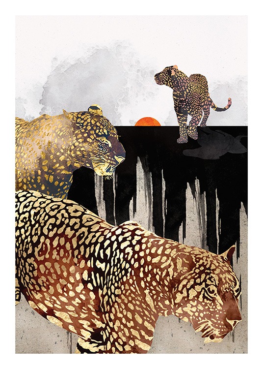  – Graafinen kuvitus kolmesta mustasta ja kultaisesta leopardista vasten mustaa ja harmaata taustaa
