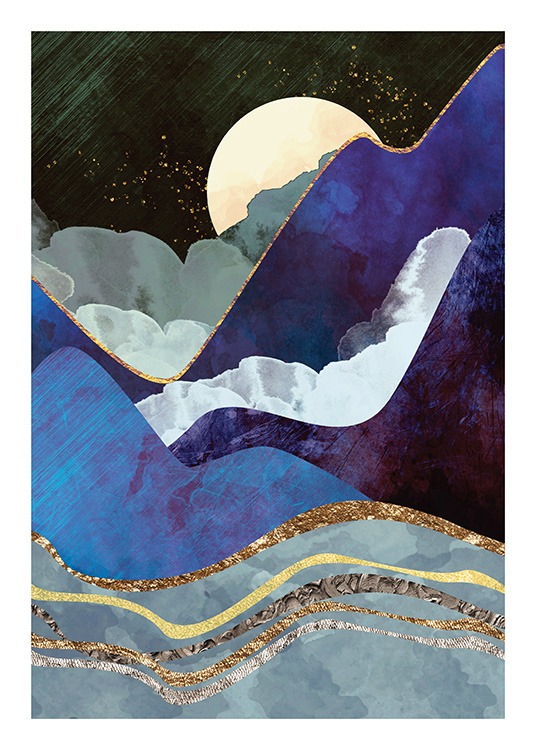  – Graafinen kuvitus tummansinisistä, kultaisella rajatuista vuorista kuu taustallaan