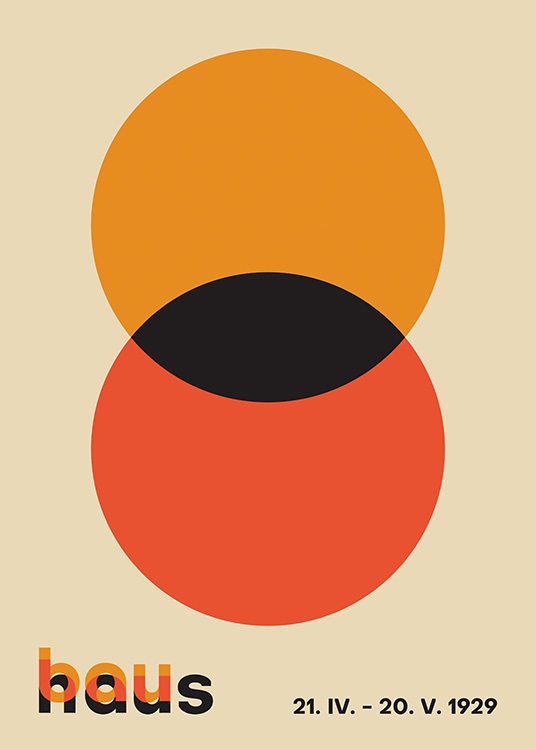  – Graafinen kuvitus punaisesta ja oranssista päällekkäisestä ympyrästä vasten beigeä taustaa
