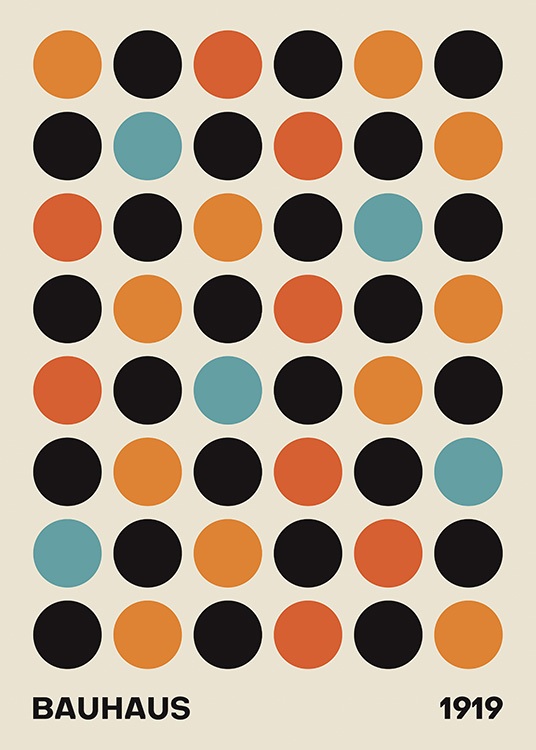 – Graafinen kuvitus mustista, punaisista, oransseista ja sinisistä ympyröistä vasten beigeä taustaa