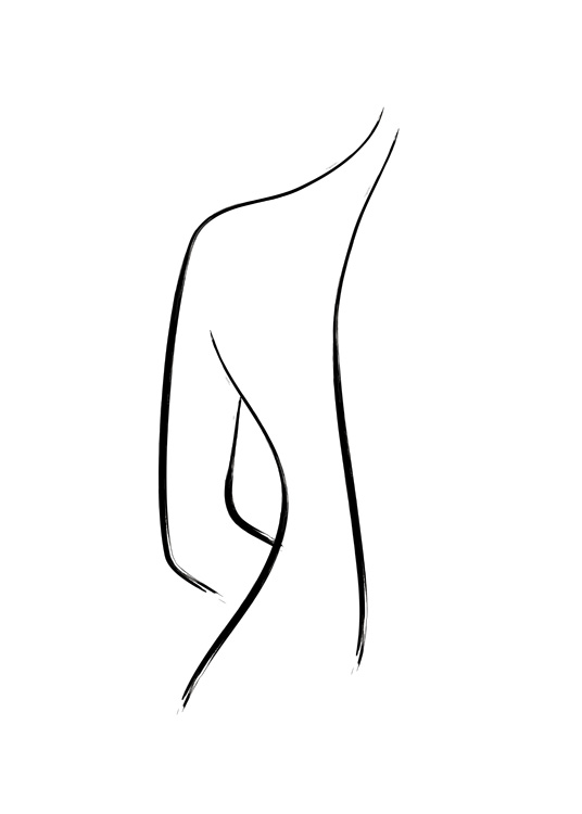  – Viivapiirroskuvitus alastomasta selästä piirrettynä mustalla vasten valkoista taustaa
