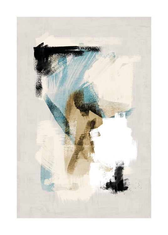  – Maalaus abstrakteista valkoisista, sinistä, beigeistä ja mustista siveltimenvedoista beigellä taustalla