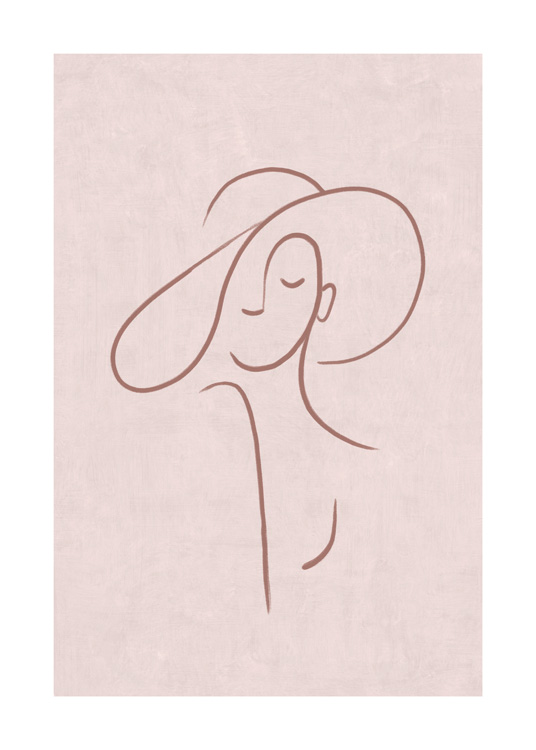  – Viivapiirroskuvitus naisesta hatussa vasten täplikästä vaaleanpunaista taustaa