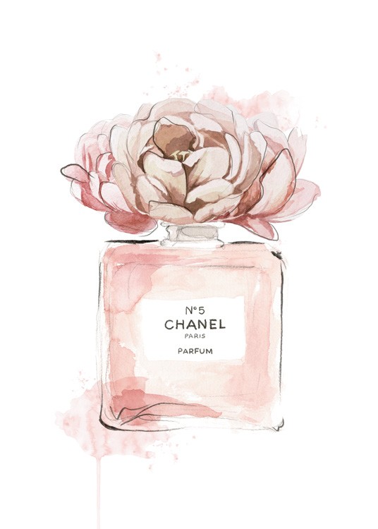  – Akvarellimaalaus vaaleanpunaisesta parfyymipullosta ja vaaleanpunaisesta kukasta sen yläpuolella