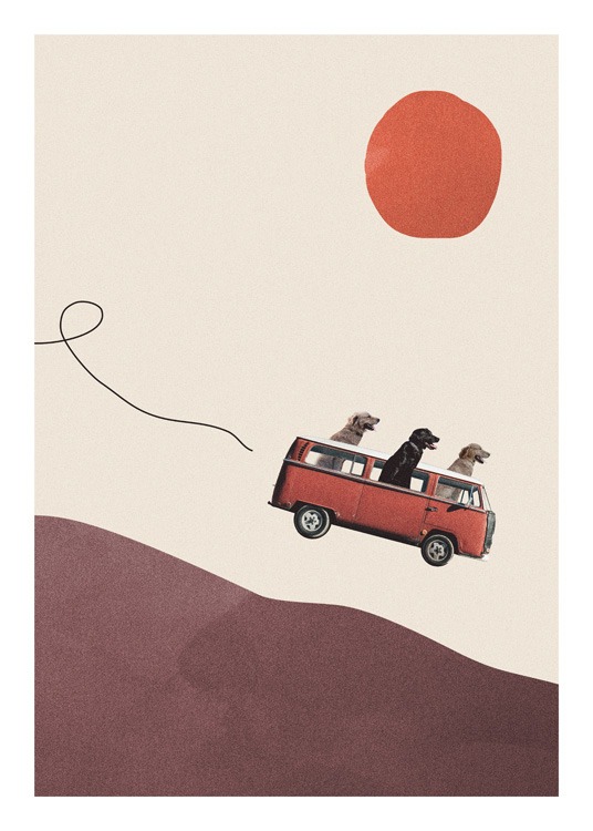  – Graafinen kuvitus kolmesta koirasta alamäessä autossa punainen aurinko taustallaan