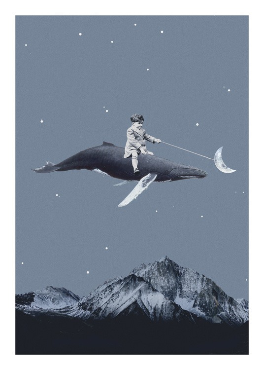  – Graafinen kuvitus vuorten yllä lapsi selässään lentävästä valaasta