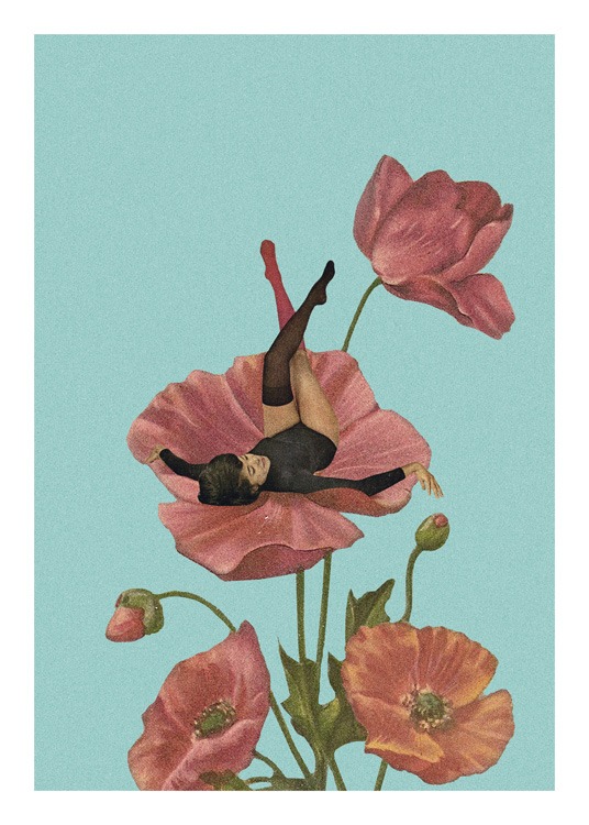  – Graafinen kuvitus kimpusta punaisia kukkia ja naisesta makaamassa yhdessä kukista