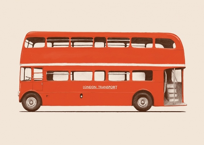  – Kuvitus Lontoon kaksikerrosbussista vasten vaaleanpunaista taustaa