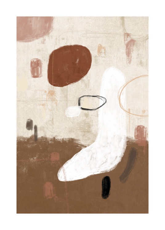  – Abstrakti maalaus valkoisista, ruskeista ja vaaleanpunaisista muodoista beigellä taustalla