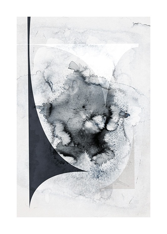  – Abstrakti akvarellimaalaus sinisistä musteroiskeista ja valkoisista yksityiskohdista vaaleanharmaalla taustalla