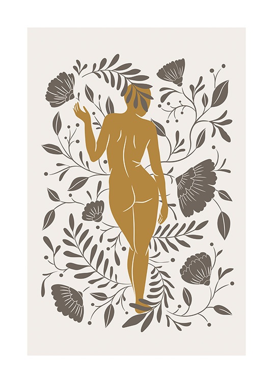  – Graafinen kuvitus takaa kuvatusta oranssista alastomasta naisesta ruskeiden kukkien ja lehtien keskellä
