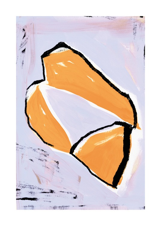  – Kuvitus abstrakteista oransseista kuvioista mustilla ja valkoisilla ääriviivoilla violetilla taustalla