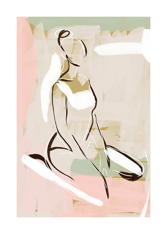  – Viivapiirros ääriviivoilla piirretystä istuvasta naisesta vaaleanpunaisella ja vaaleanvihreällä taustalla