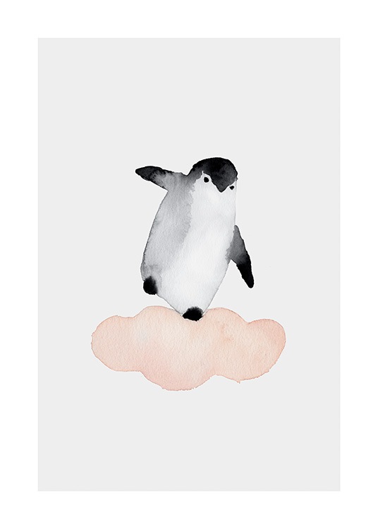  – Akvarellimaalaus pingviinistä tasapainottelemassa vaaleanpunaisella pilvellä vasten vaaleanharmaata taustaa
