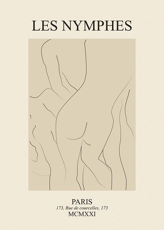  – Viivapiirroskuvitus alastomista vartaloista beigellä taustalla ja tekstillä ylä- ja alareunassa