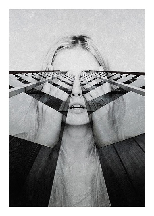  – Mustavalkoinen valokuva naisesta ja käsien peittämistä silmistä